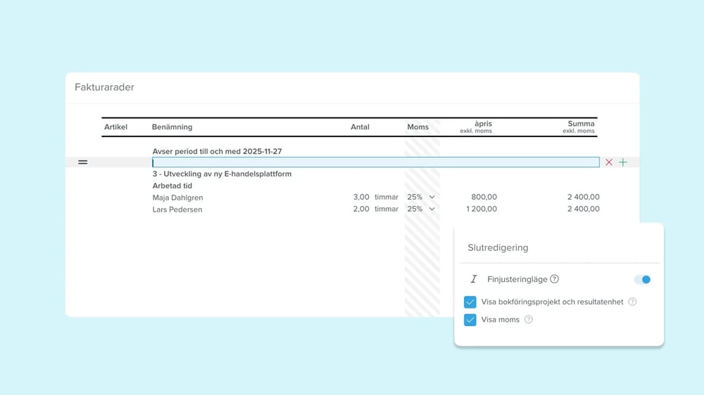 Redigera texter på fakturor
