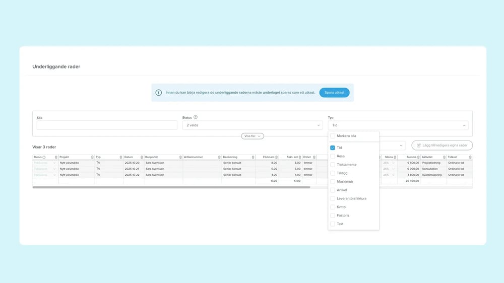 Upp- och nedskrivning av tid på fakturor