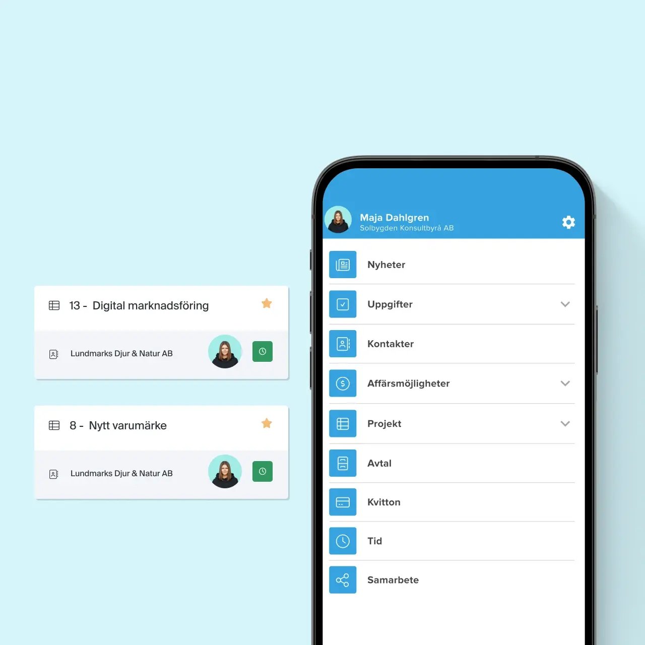 App med säljtavlor, kontaktregister, projekt, uppgifter och to do-listor