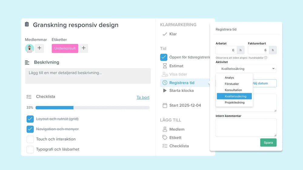 Tidrapportering på varje uppgift